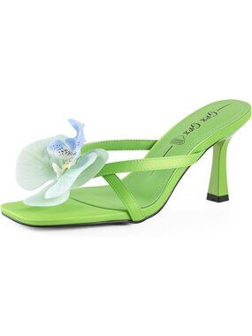 Women's Green Flower Kitten Heels Slide Sandals Comfortable Slip On Open Toe